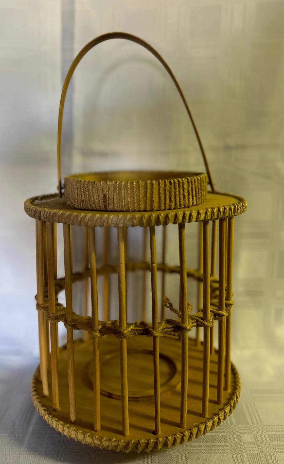 Round Wood & Hessian Wooven Lantern  