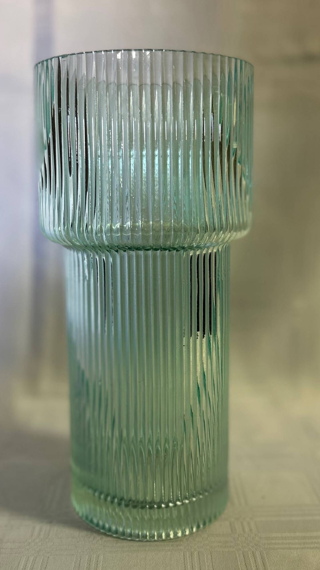 Stained Aqua Ribbed Wide top Glass Vase 