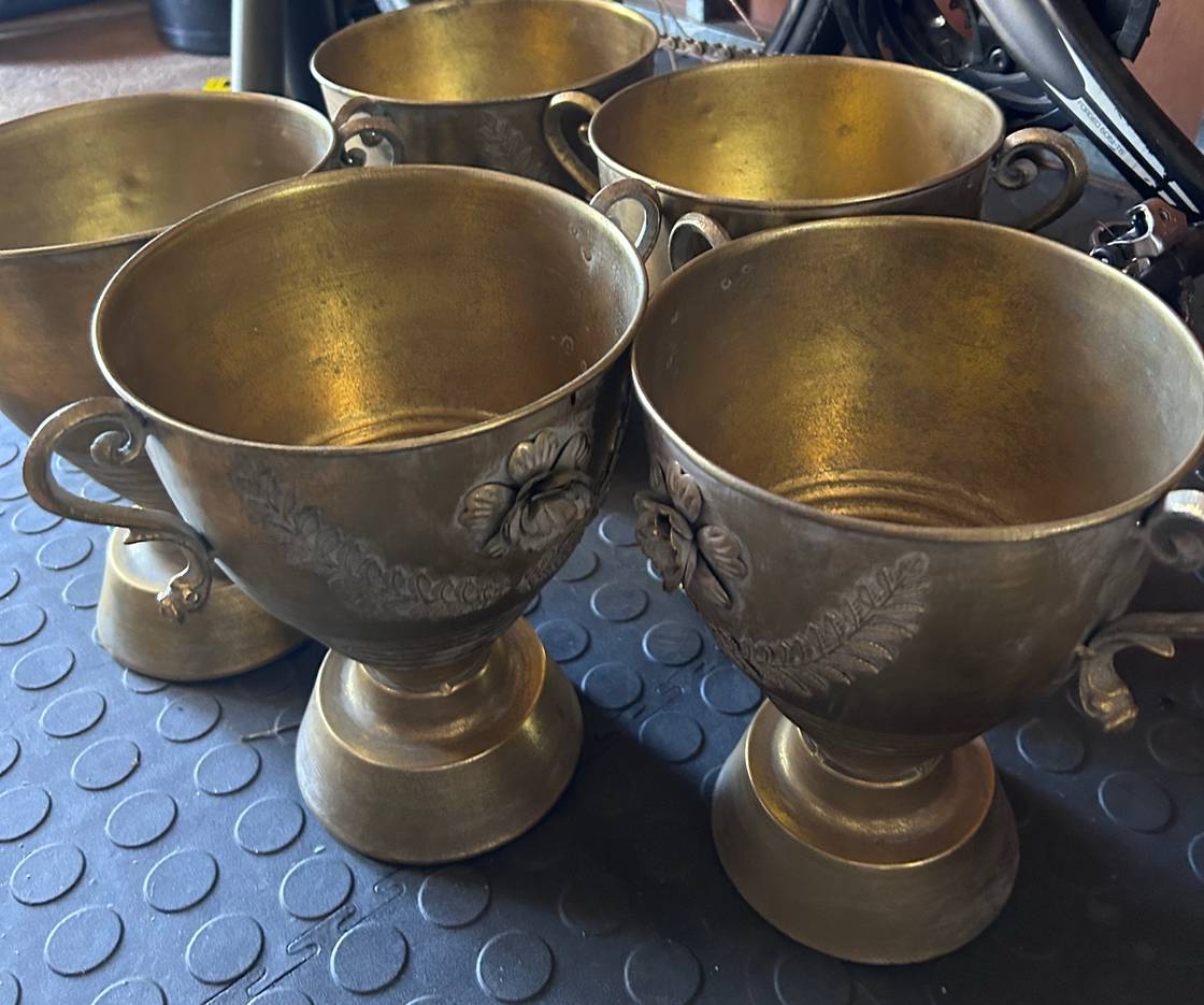 Gold metal with flower urn vase with handles 