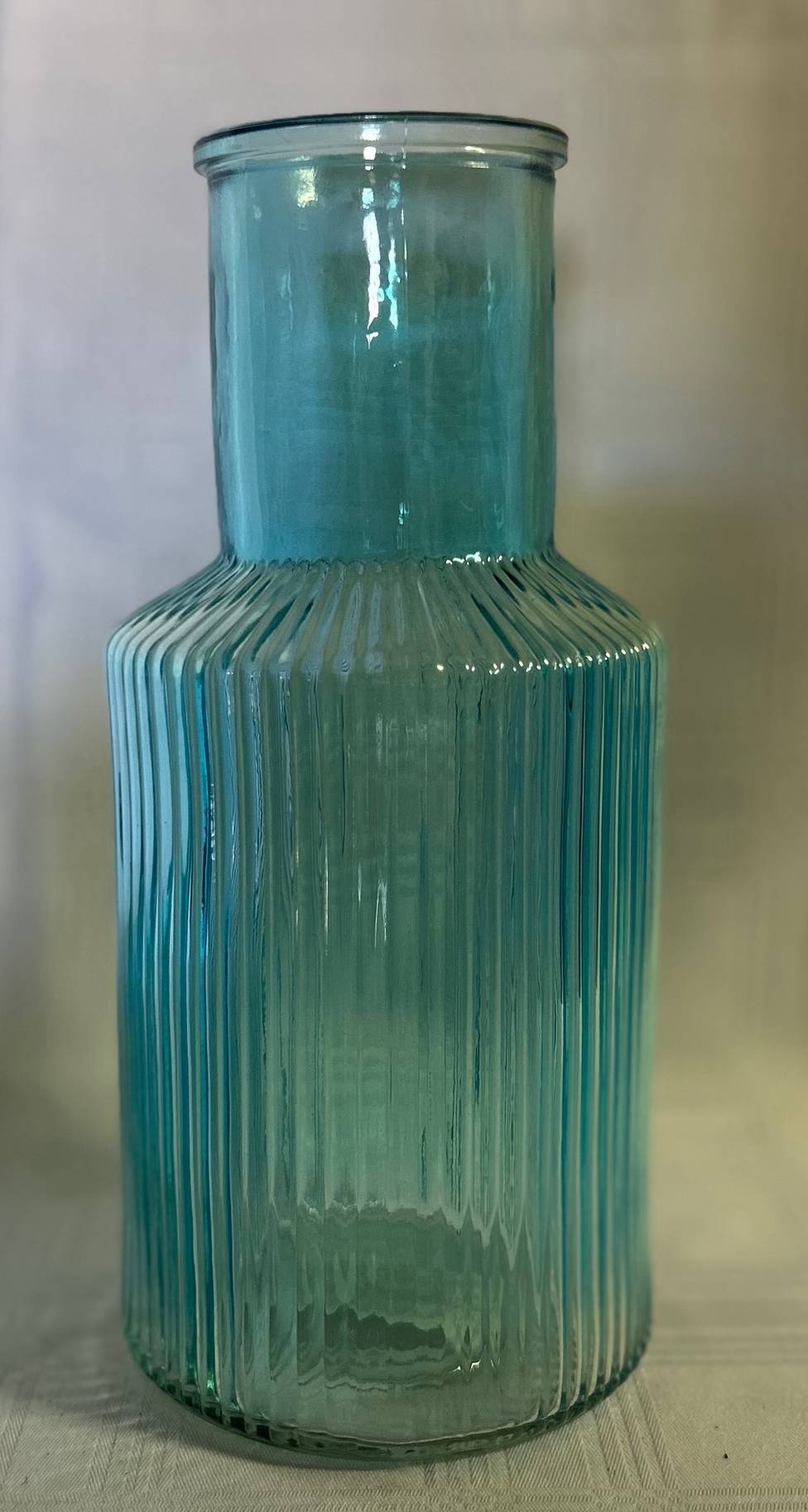 Stained Aqua Ribbed & Narrow Neck Glass Vase 